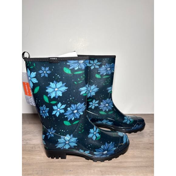 HISEA Women's Rubber Mid-Calf Rainboots Black Blue Floral Size 7- NWT - Picture 1 of 6